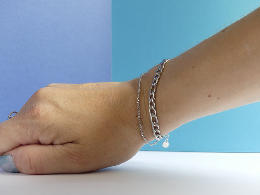 Bracelet femme deux rangs maille et chaîne fine – acier inoxydable argenté