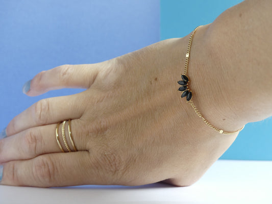 Bracelet femme feuillage cristal noir – acier inoxydable doré