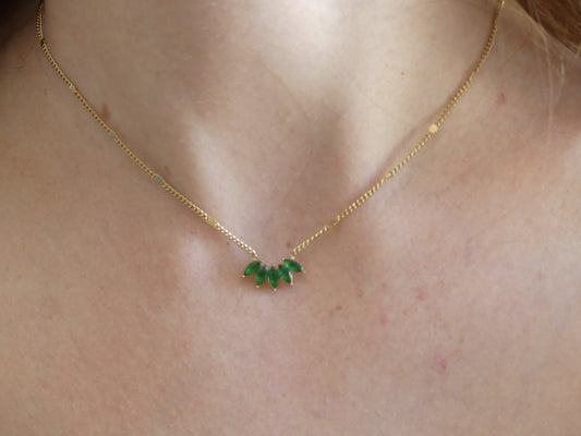 Collier femme feuillage cristal en acier inoxydable doré vert