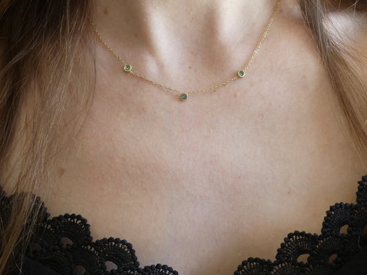 Collier femme trois pierres zirconium – acier inoxydable doré bleu zircon