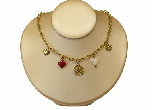 collier acier inoxydable doré charms médaillon étoile et cœur