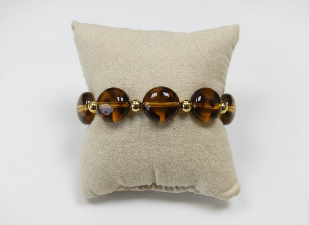 Bracelet Élastique Perles Résine Effet Écaille – Brun Doré