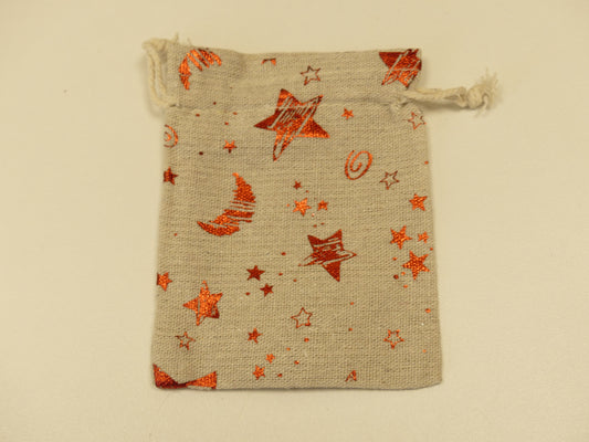 Bourse en coton couleur beige avec motifs d'étoiles et de lune rouge 10x9