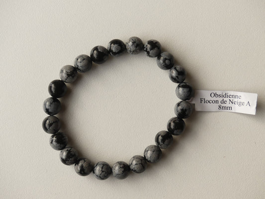 Bracelet Boule 08mm Obsidienne Flocon De Neige A