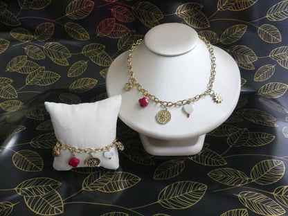 Parure bracelet et collier acier inoxydable charms médaillon, étoile et coeur