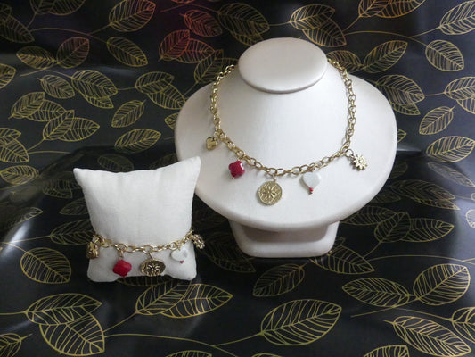 Parure bracelet et collier acier inoxydable charms médaillon, étoile et coeur