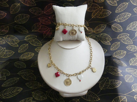 Parure bracelet et collier acier inoxydable charms médaillon, étoile et coeur