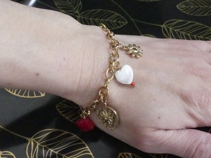 Bracelet acier inoxydable doré charms médaillon étoile et cœur