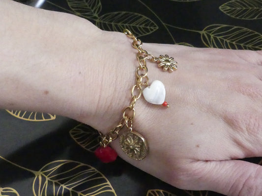 Bracelet acier inoxydable doré charms médaillon étoile et cœur