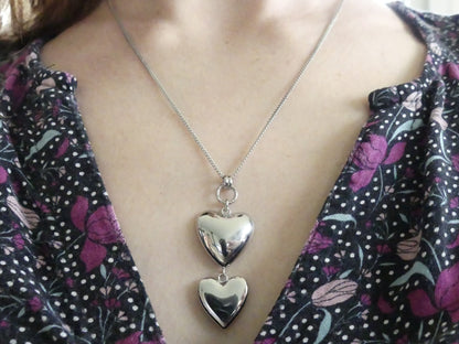 Collier - pendentif double coeur argenté