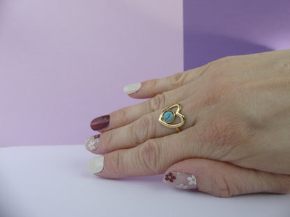 Bague cœur pierre turquoise – Acier inoxydable doré