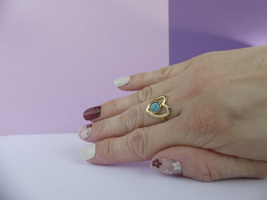 Bague cœur pierre turquoise – Acier inoxydable doré