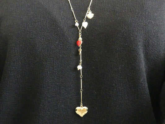 Collier en Y - pampilles coeurs, nacre et perles d'eau douce