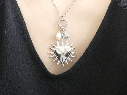 Collier - coeur, soleil et perle d'eau douce