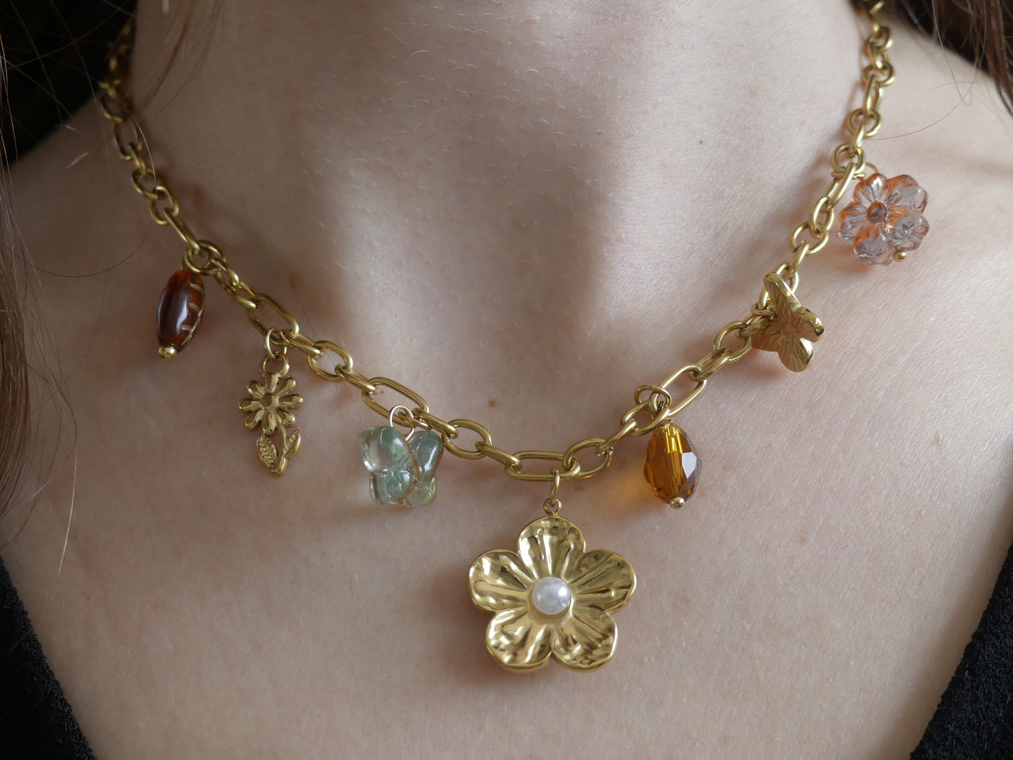 collier charms fleur de lumière acier inoxydable