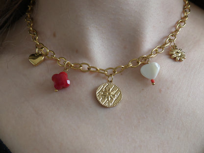 collier acier inoxydable doré charms médaillon étoile et cœur
