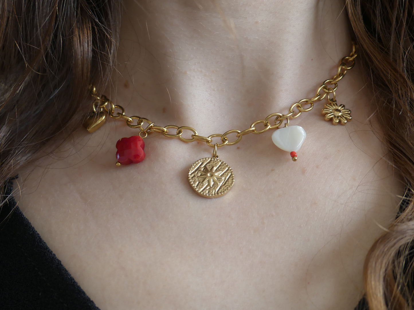 collier acier inoxydable doré charms médaillon étoile et cœur