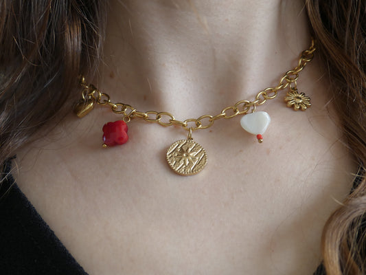 collier acier inoxydable doré charms médaillon étoile et cœur