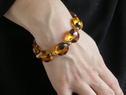 Bracelet Élastique Perles Résine Effet Écaille – Brun Doré