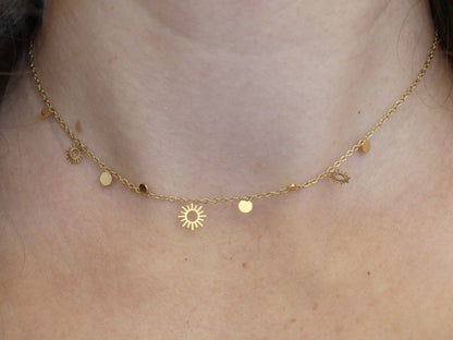 Collier femme pampilles rondes et soleil ajouré – acier inoxydable doré