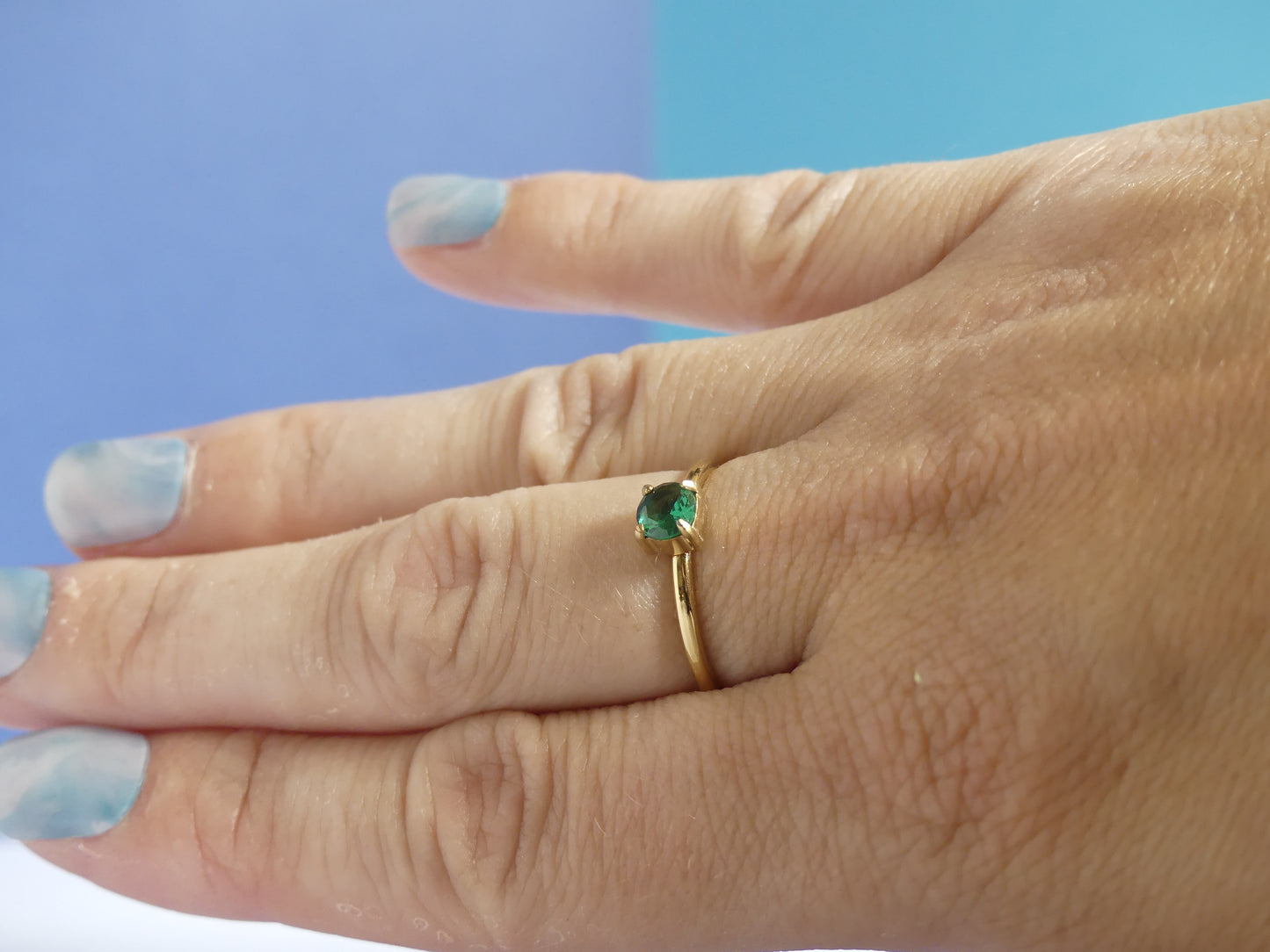 Bague femme cristal rond vert émeraude – acier inoxydable doré