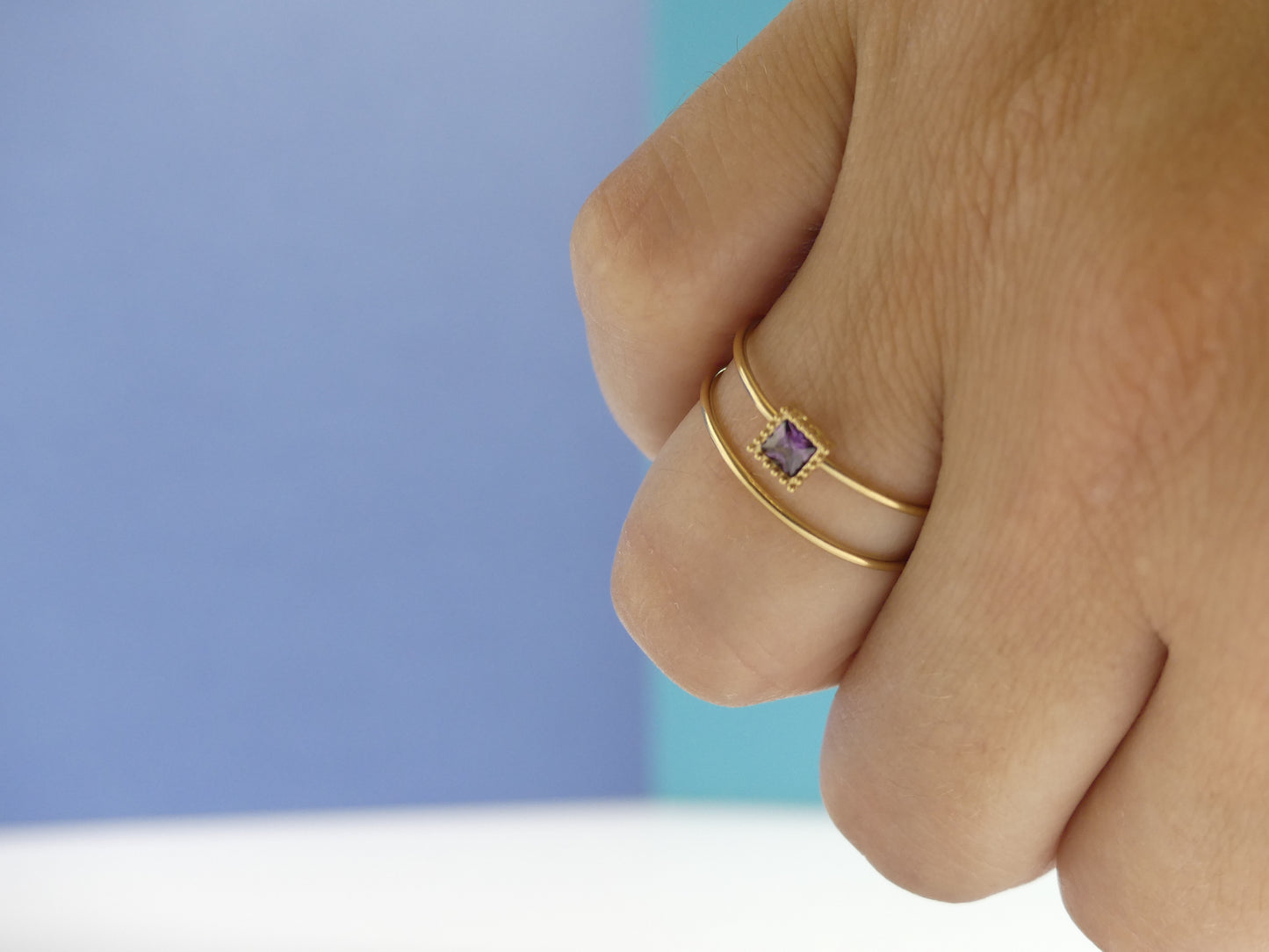 Bague femme deux rangs cristal carré violet – acier inoxydable doré