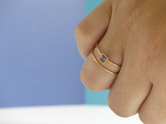 Bague femme deux rangs cristal carré violet – acier inoxydable doré