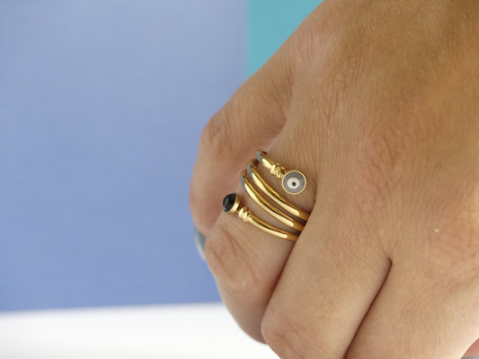 Bague femme large œil émail noir – acier inoxydable doré