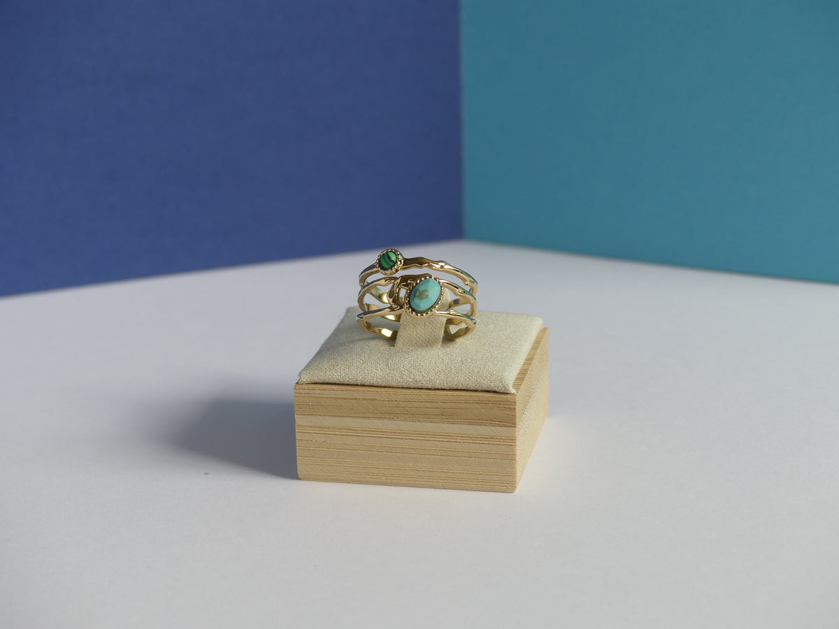 Bague femme pierre naturelle malachite – acier inoxydable doré