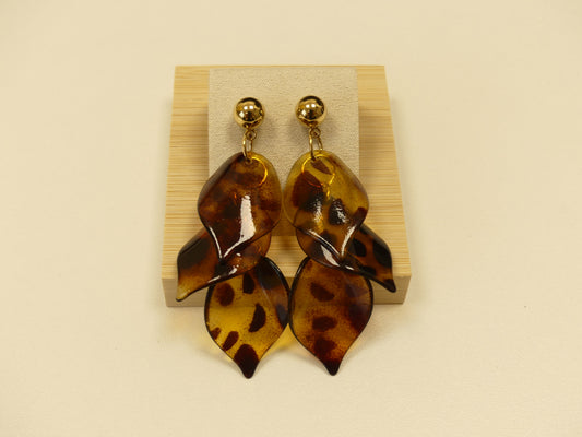 Boucles d'Oreilles en Forme de Feuille Léopard en Résine et Acier Inoxydable