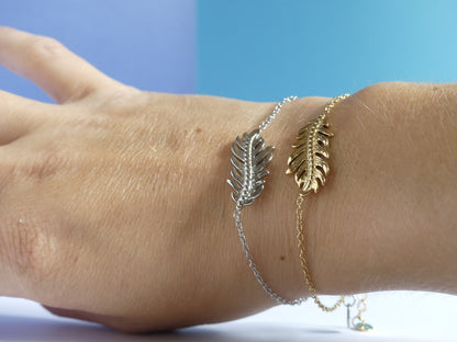 Bracelet femme plume gravée – acier inoxydable doré et argenté