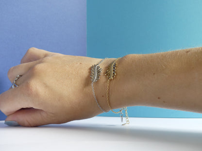 Bracelet femme plume gravée – acier inoxydable doré et argenté