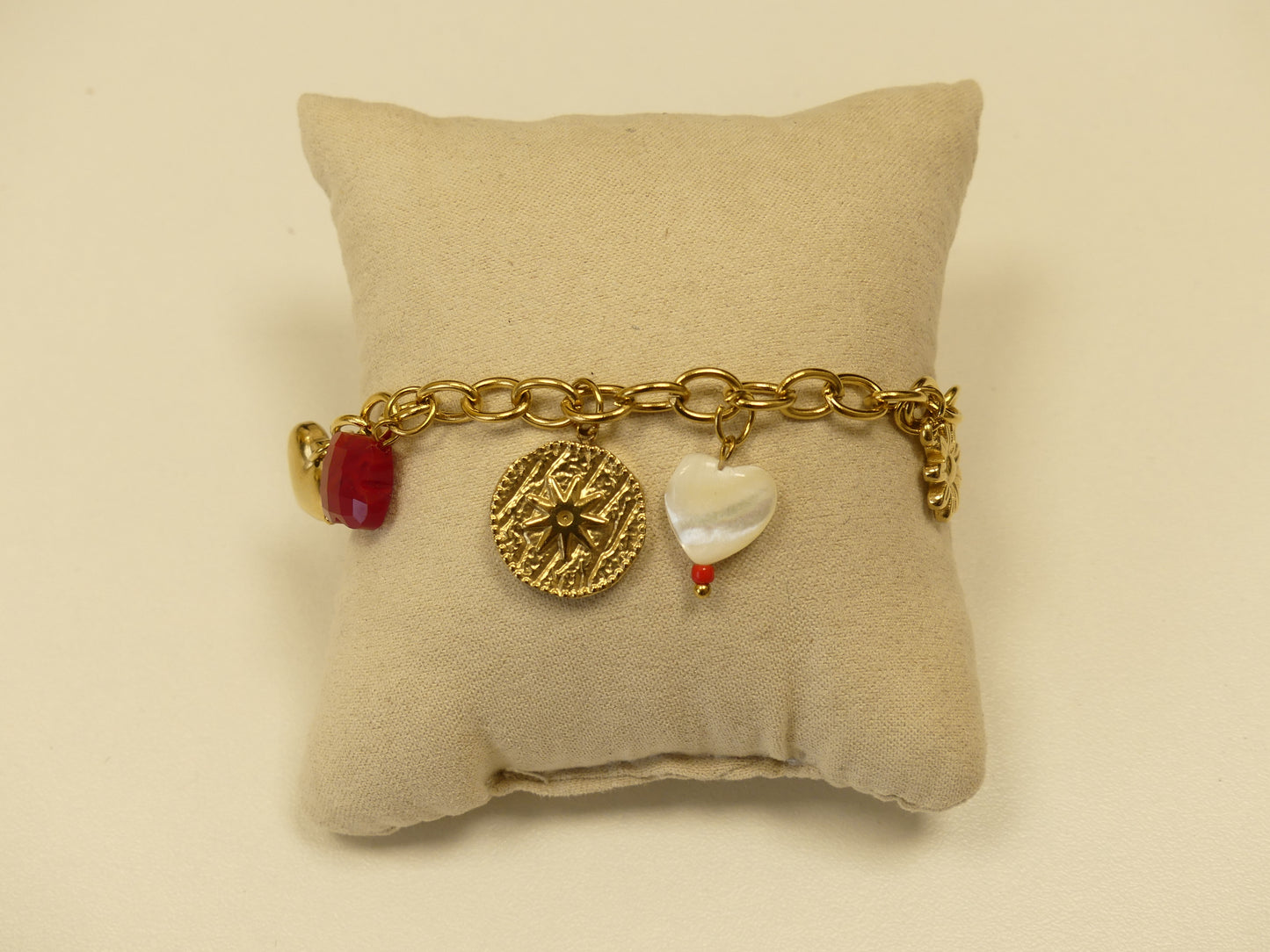 Bracelet acier inoxydable doré charms médaillon étoile et cœur