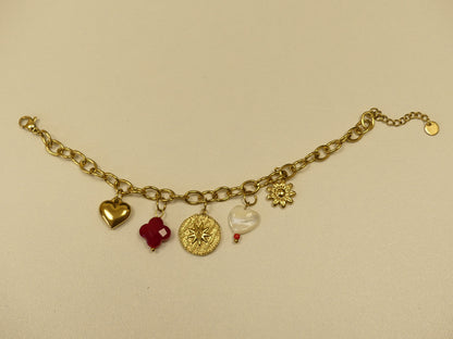 Bracelet acier inoxydable doré charms médaillon étoile et cœur