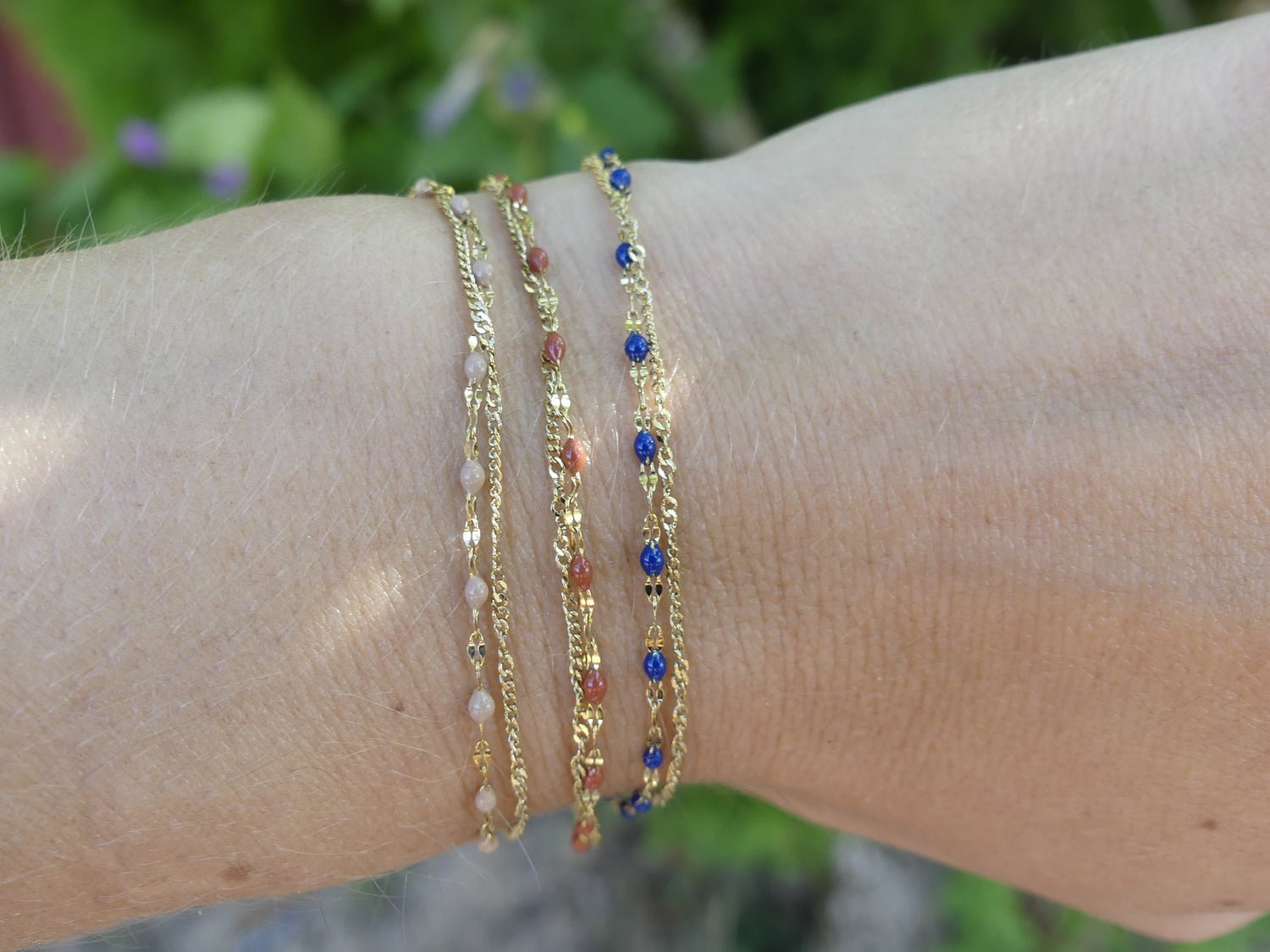 Bracelet double rang femme – Maille émaillée et forçat, acier inoxydable doré
