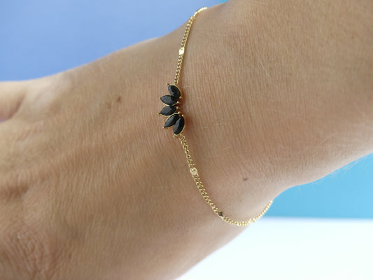 Bracelet femme feuillage cristal noir – acier inoxydable doré