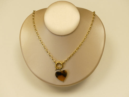 Collier - maille vénitienne, fermoir bouée et pendentif coeur en acétate motif léopard