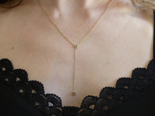Collier femme en Y deux zirconium – acier inoxydable doré aquamarine