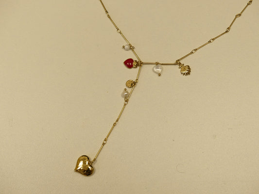 Collier en Y - pampilles coeurs, nacre et perles d'eau douce