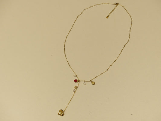 Collier en Y - pampilles coeurs, nacre et perles d'eau douce