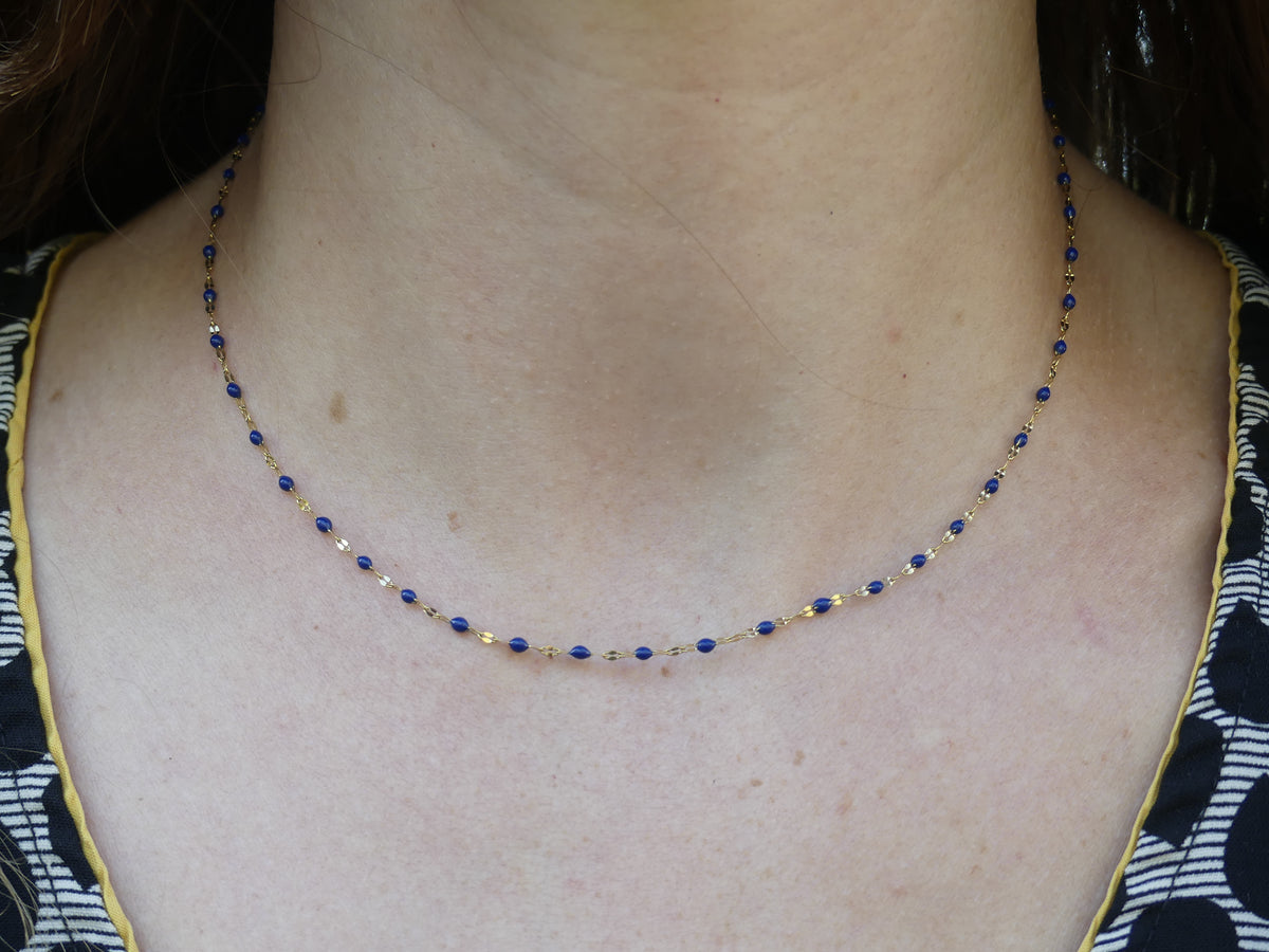 Collier maille émaillée femme – Grain de café plat, acier inoxydable doré bleu
