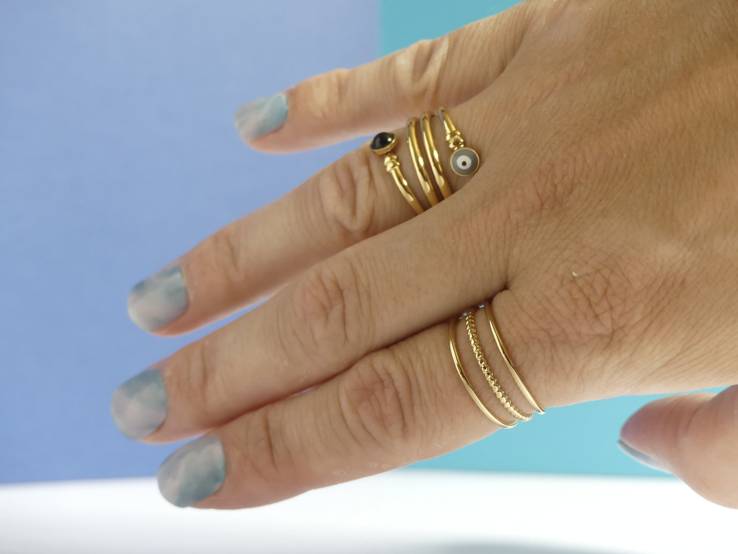Bague femme 3 anneaux lisses et torsadé – acier inoxydable doré plus bague oeil