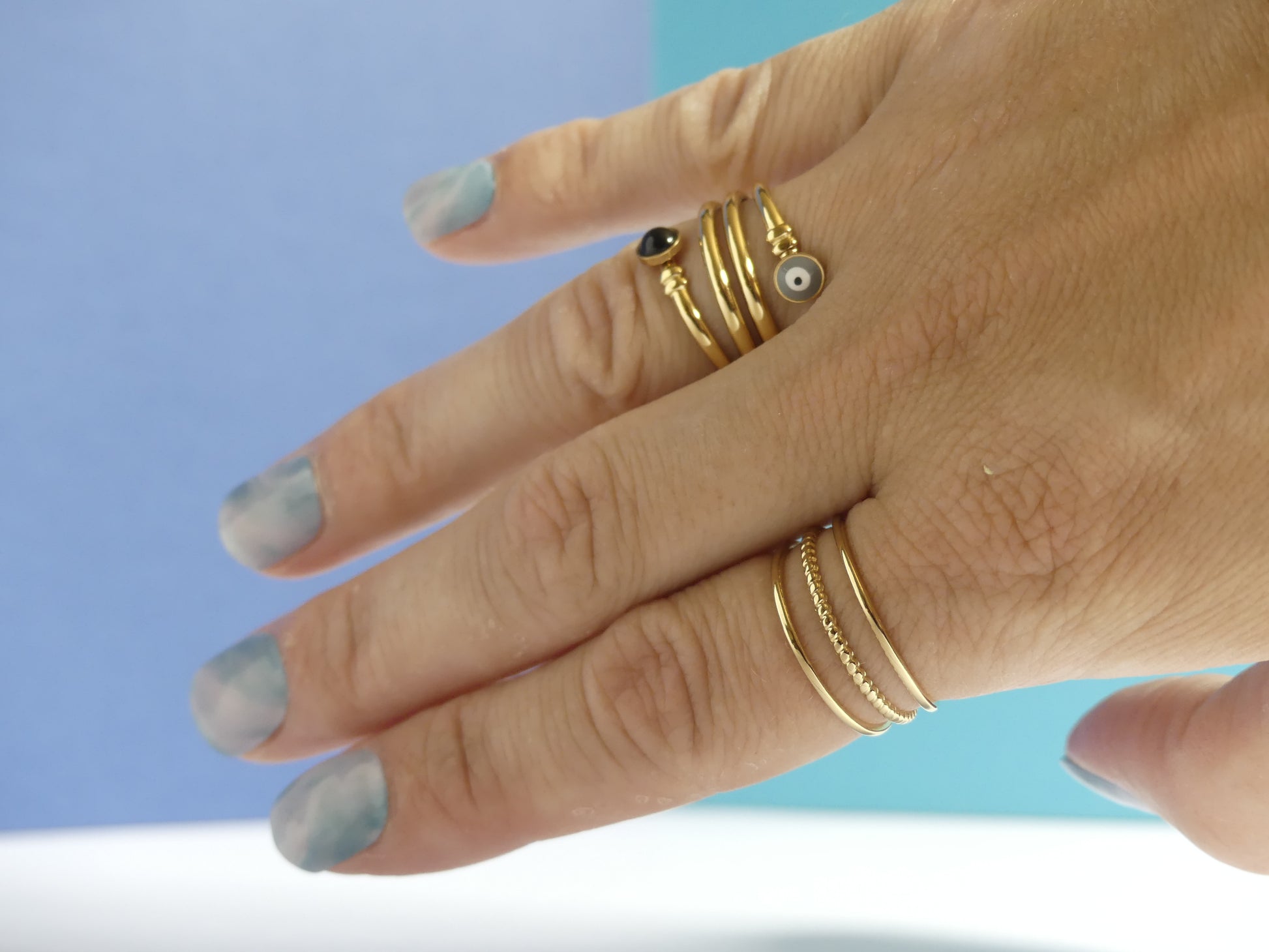 Bague femme 3 anneaux lisses et torsadé – acier inoxydable doré plus bague oeil