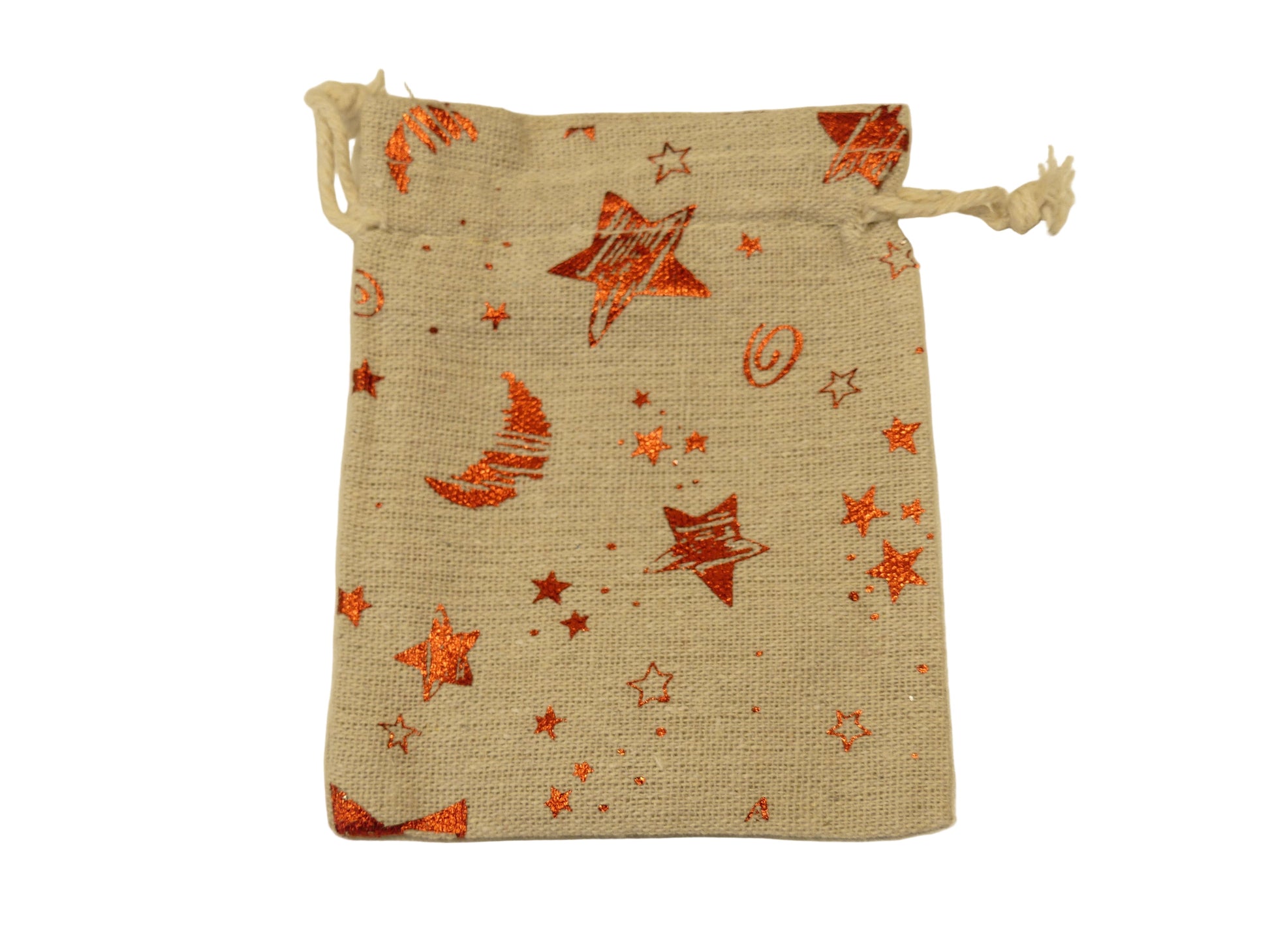 Bourse cadeau en coton couleur beige avec motifs d'étoiles et de lune rouge 10x9cm