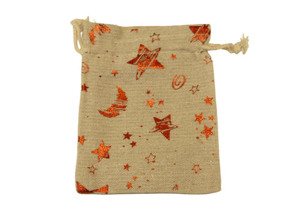 Bourse cadeau en coton couleur beige avec motifs d'étoiles et de lune rouge 10x9cm