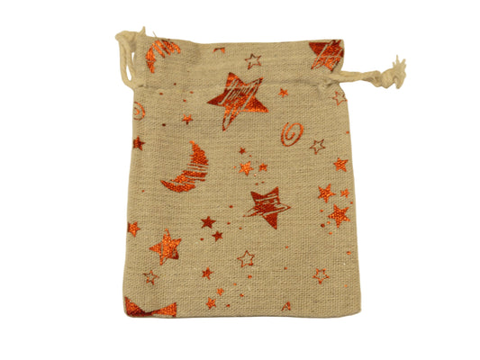 Bourse cadeau en coton couleur beige avec motifs d'étoiles et de lune rouge 10x9cm