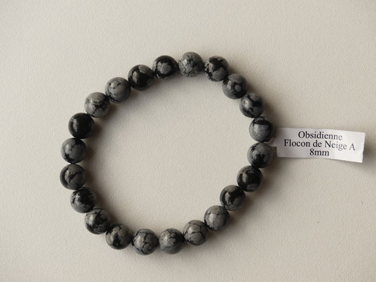 Bracelet boule 08mm Obsidienne Flocon De Neige A - Les p'tits cadeaux