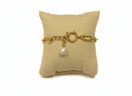 Bracelet - maille ovale diamantée et perle d'eau douce