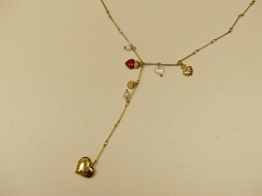 Collier en Y - pampilles coeurs, nacre et perles d'eau douce