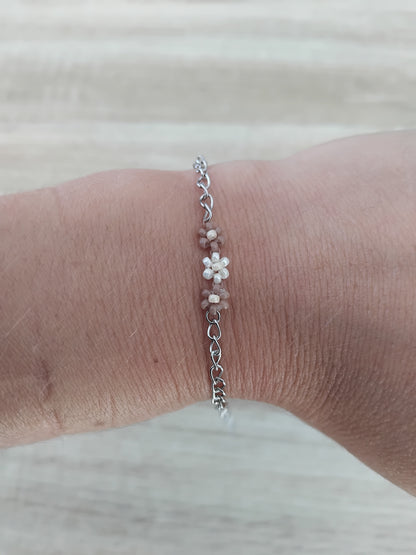 Bracelet enfant trois fleurs perles Miyuki – acier inoxydable argenté
